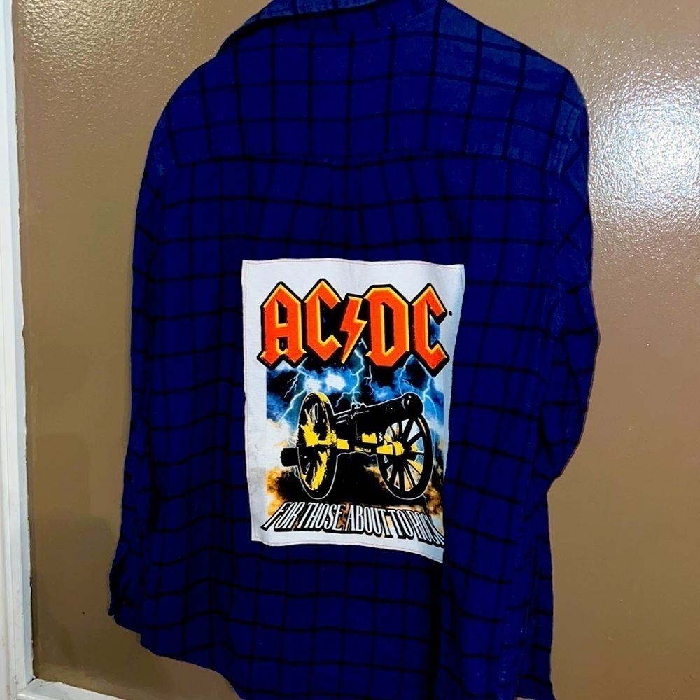 Up cycled flannel shirt with AC/DC on the back